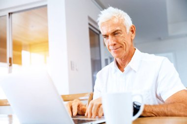 Adam evde dizüstü bilgisayarla çalışıyor.