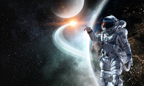 Spaceman and his mission. Mixed media