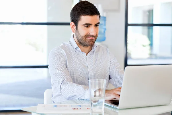 Schöner Geschäftsmann, der am Computer arbeitet — Stockfoto