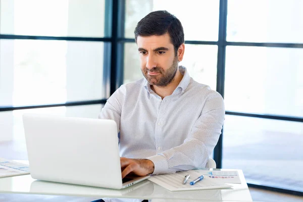 Knappe zakenman werkt op computer — Stockfoto