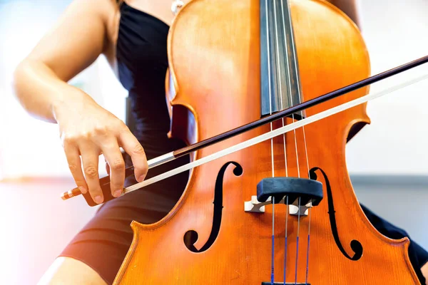 Close-up van cello met strik in handen — Stockfoto