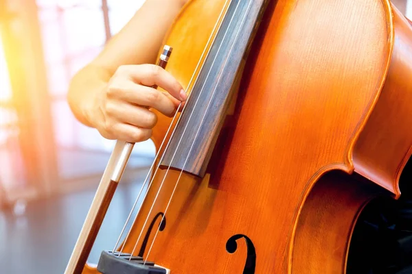 Close up de violoncelo com arco nas mãos — Fotografia de Stock