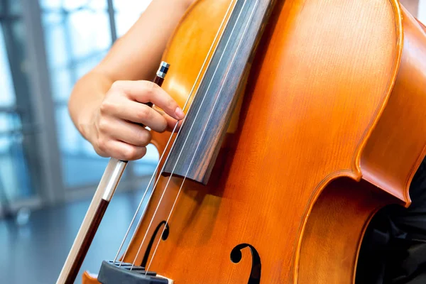 Gros plan du violoncelle avec archet dans les mains — Photo