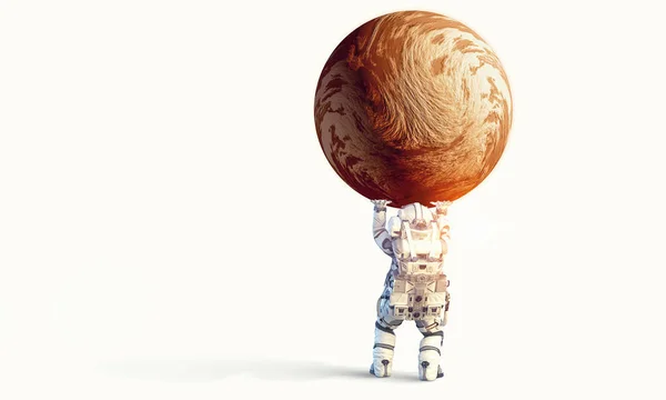 Raumfahrer tragen großen Planeten. Gemischte Medien — Stockfoto