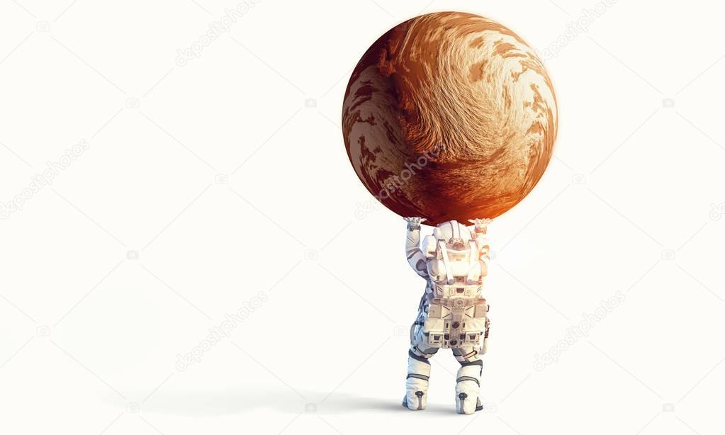 Spaceman carry big planet. Mixed media