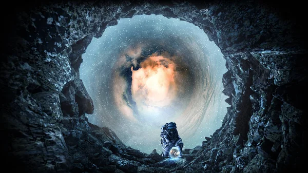 Space hole and astronaut. Mixed media Stock Picture