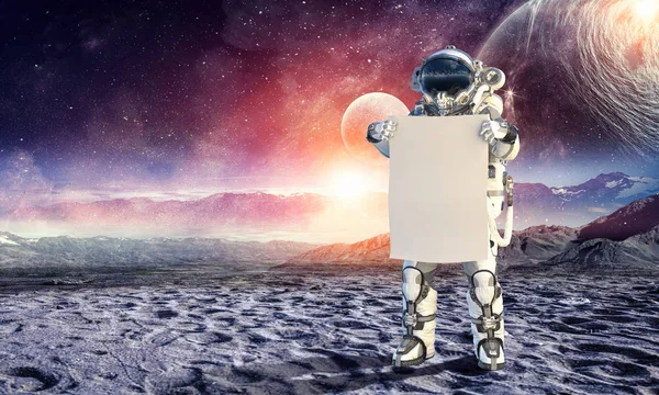 Spaceman z banerem. Techniki mieszane — Zdjęcie stockowe
