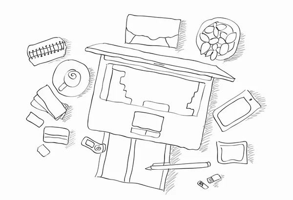 Drawn image of work table with objects — Stock Photo, Image