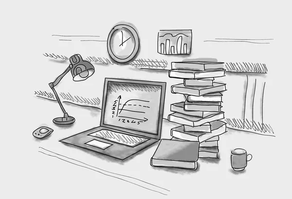 Drawn image of work table with objects — Stock Photo, Image