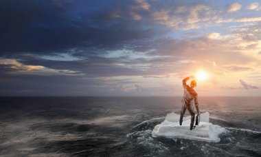 Sörf denizde yüzen buz kütlesi. Karışık teknik