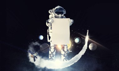 Afiş ile uzay adamı. Karışık teknik