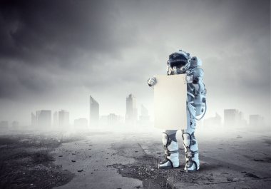 Afiş ile uzay adamı. Karışık teknik