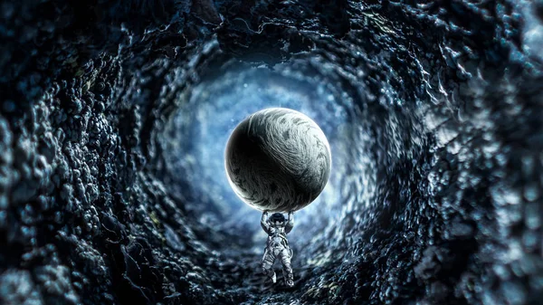 Spaceman transportă o planetă mare. Media mixtă — Fotografie, imagine de stoc