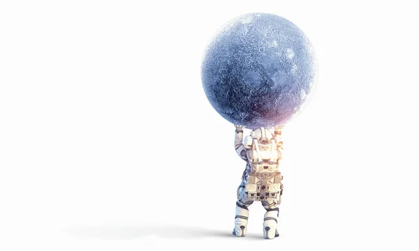 Spaceman bär stora planet. Mixed media — Stockfoto