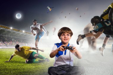 Bir video oyunu oynayan çocuk. Karışık teknik