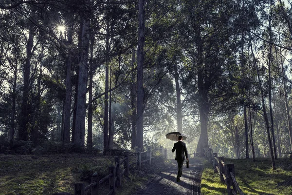 Mann im nebligen Wald. Gemischte Medien — Stockfoto