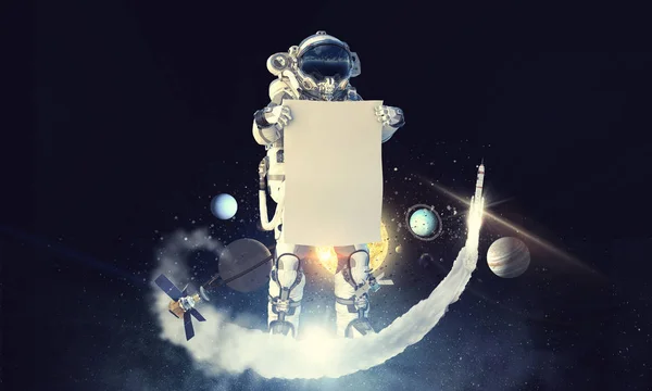 Spaceman z banerem. Techniki mieszane — Zdjęcie stockowe