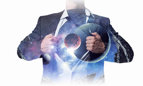 Super businessman and space in his chest — Stock Photo, Image