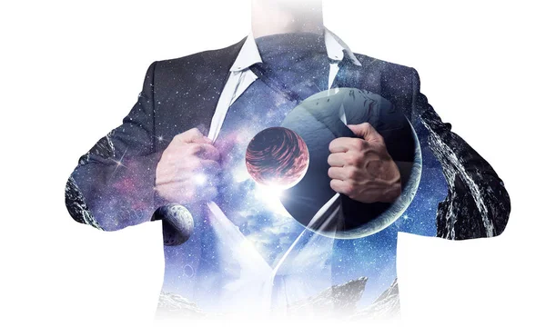 Super businessman and space in his chest — Stock Photo, Image