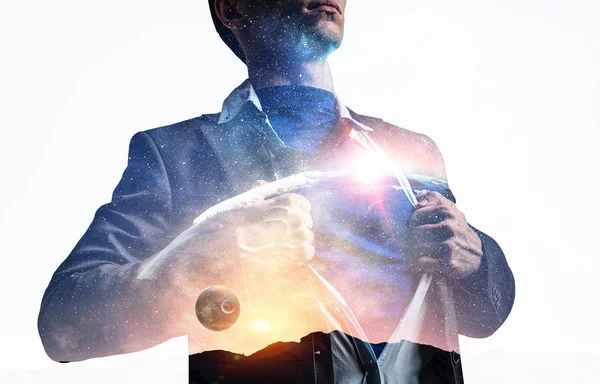 Super businessman and space in his chest — Stock Photo, Image