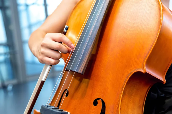 Close-up van cello met strik in handen — Stockfoto