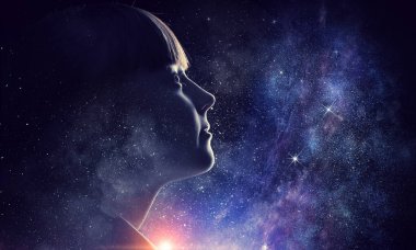 Yıldızlı gökyüzü kız. Karışık teknik