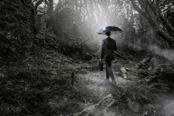 Человек в туманном лесу. Смешанные медиа — стоковое фото