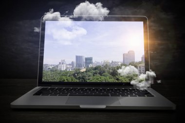 Dış manzara üstünde perde. Karışık teknik