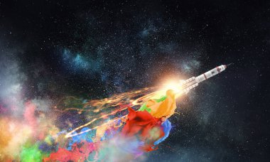 Rocket in space. Mixed media clipart