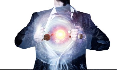 Süper iş adamı ve göğsüne uzayda