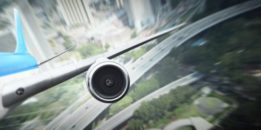 Uçağın gökyüzünde kapatın. Karışık teknik