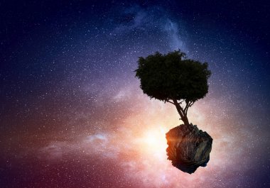 Yalnız ağaç havada yüzer. Karışık teknik