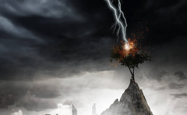 Natural landscape background with lightning striking tree
