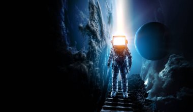 Monitör başlı astronot . Karışık ortam