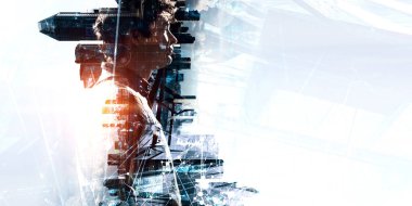 Adam şehir manzarasına karşı. Karışık ortam