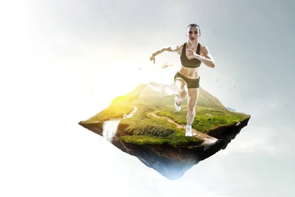 Sport woman running race. Mixed media — Stock Photo, Image