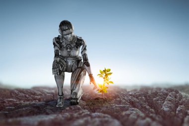 Yaratılış kavramı olarak Cyborg kadın. Karışık ortam