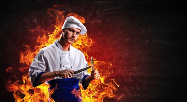 He is crazy about cooking. Mixed media — Stock Photo, Image