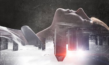 Koyu arka plan kız. Karışık teknik