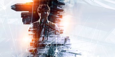 Adam şehir manzarasına karşı. Karışık ortam