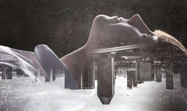 Koyu arka plan kız. Karışık teknik