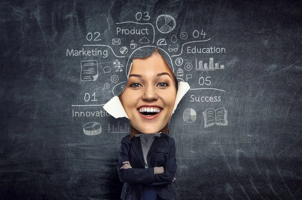 Woman looking through a hole in banner. Mixed media — Stock Photo, Image