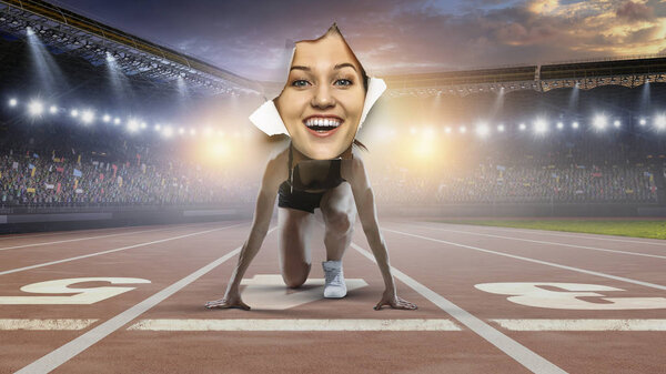 Женщина смотрит сквозь дыру в баннере. Смешанные медиа
