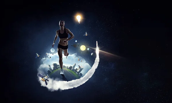 Sportswoman run race. Mixed media — Stock Photo, Image
