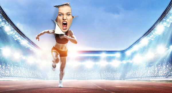 Женщина смотрит сквозь дыру в баннере. Смешанные медиа
