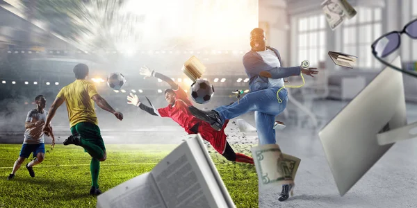 Soccer man in action with ball. Mixed media — Stock Photo, Image