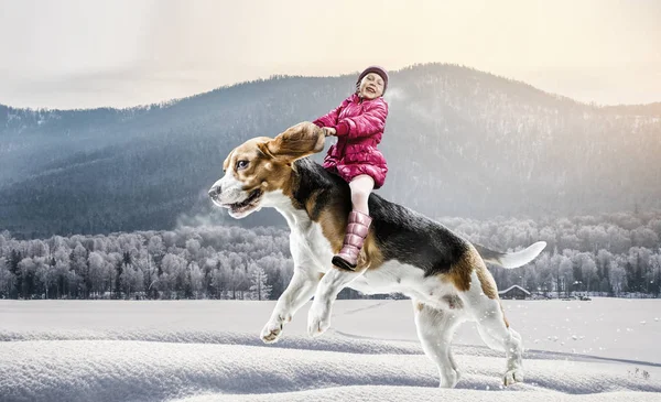 Super hero and her flying dog — Stock Photo, Image