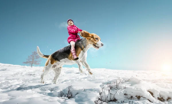 Super hero and her flying dog — Stock Photo, Image