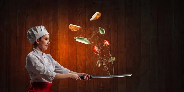 He is crazy about cooking. Mixed media — Stock Photo, Image