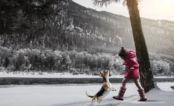 Having winter fun with pet friend — Stock Photo, Image